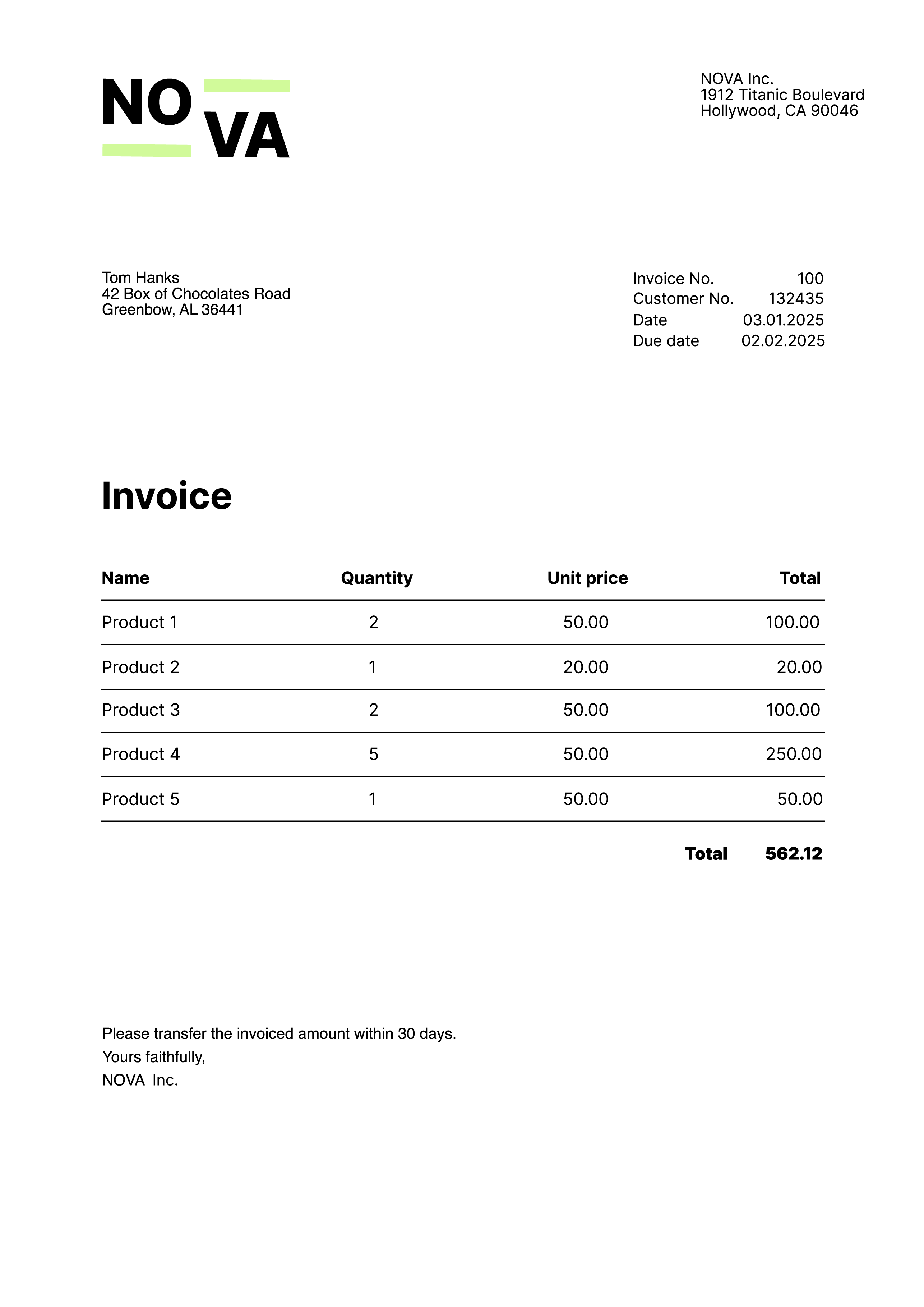 Invoice document example