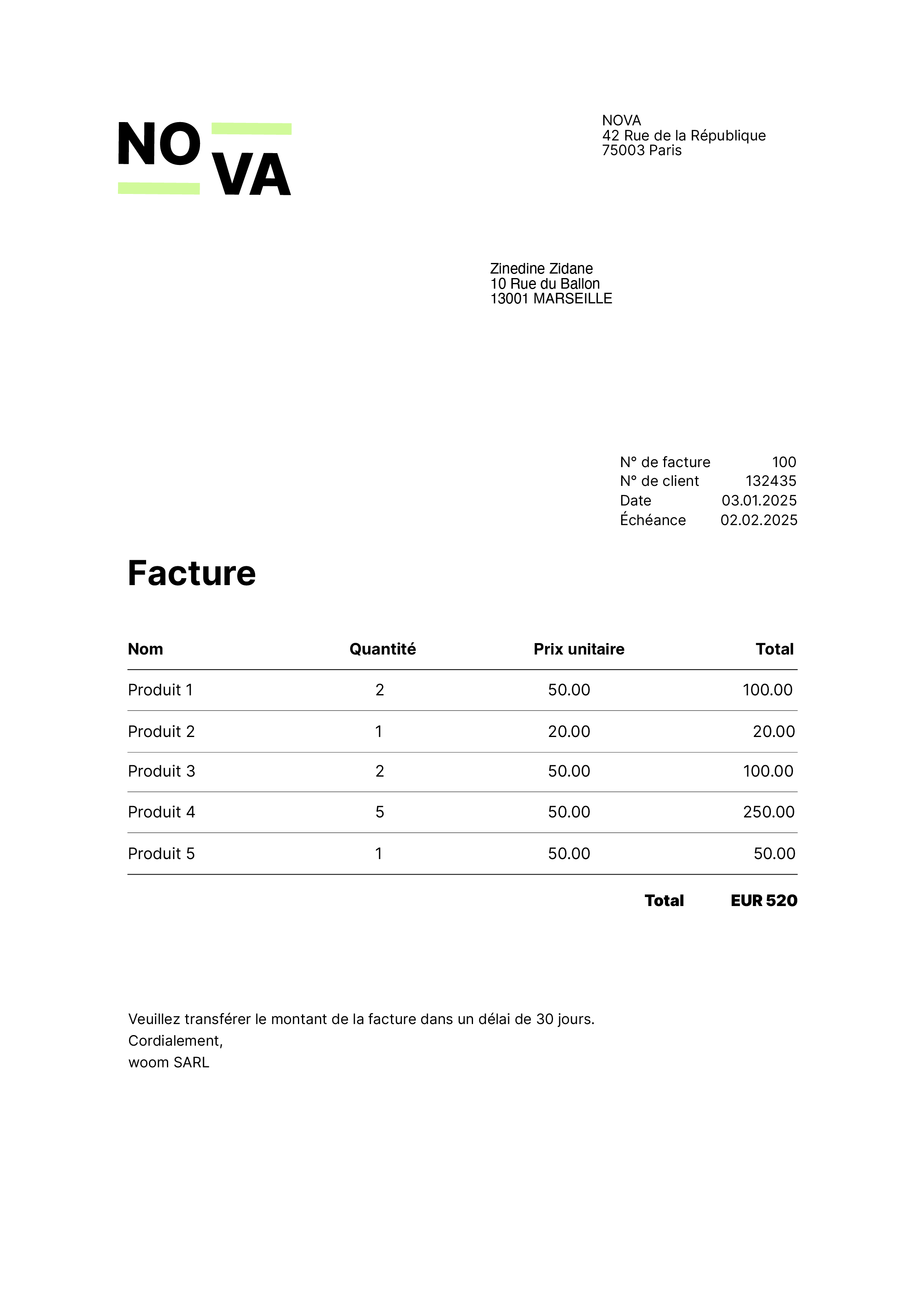 Exemple de la facture