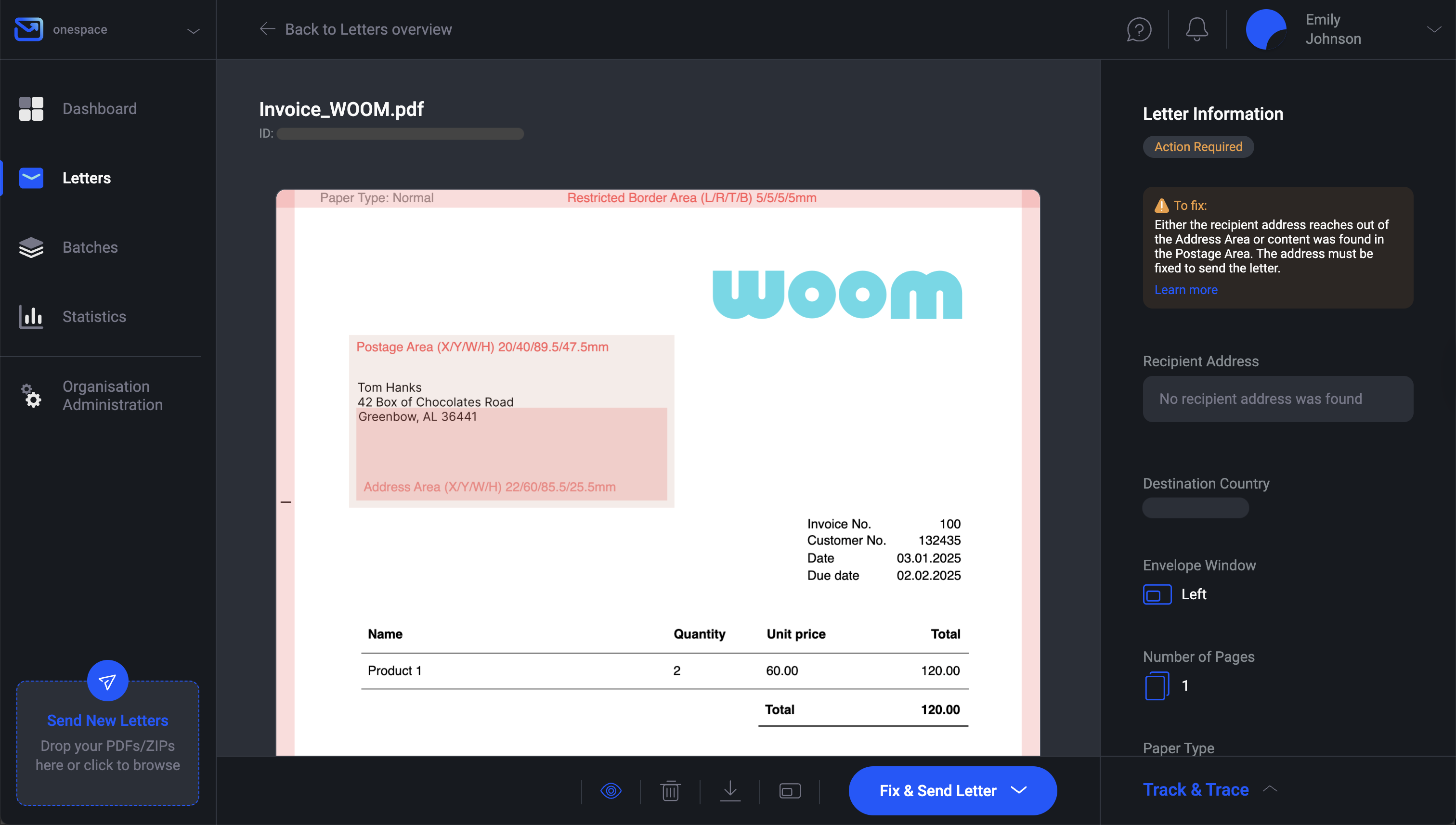 Pingen WebApp showing document validation process
