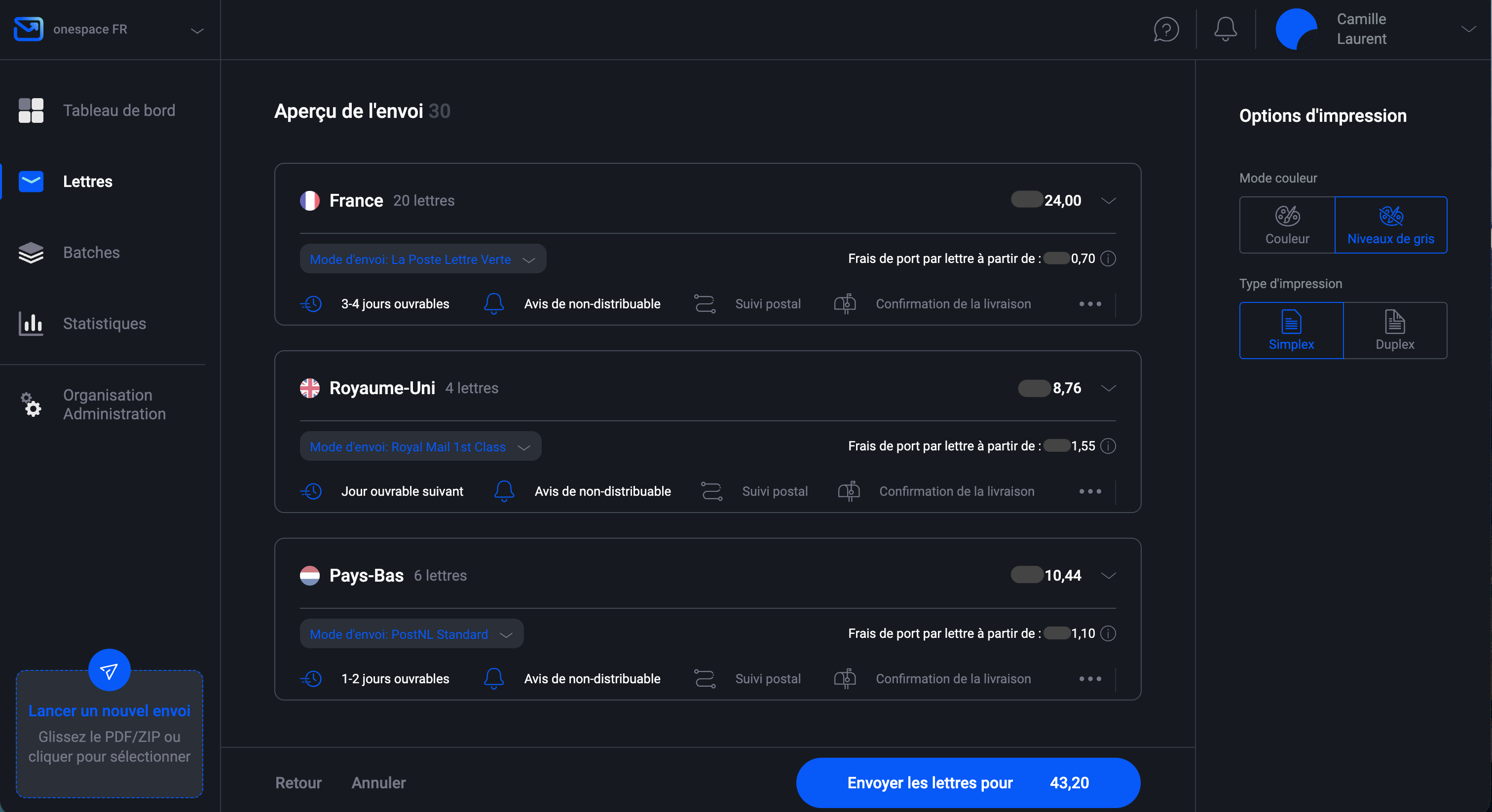 Aperçu des envois de lettres dans l’application Web Pingen