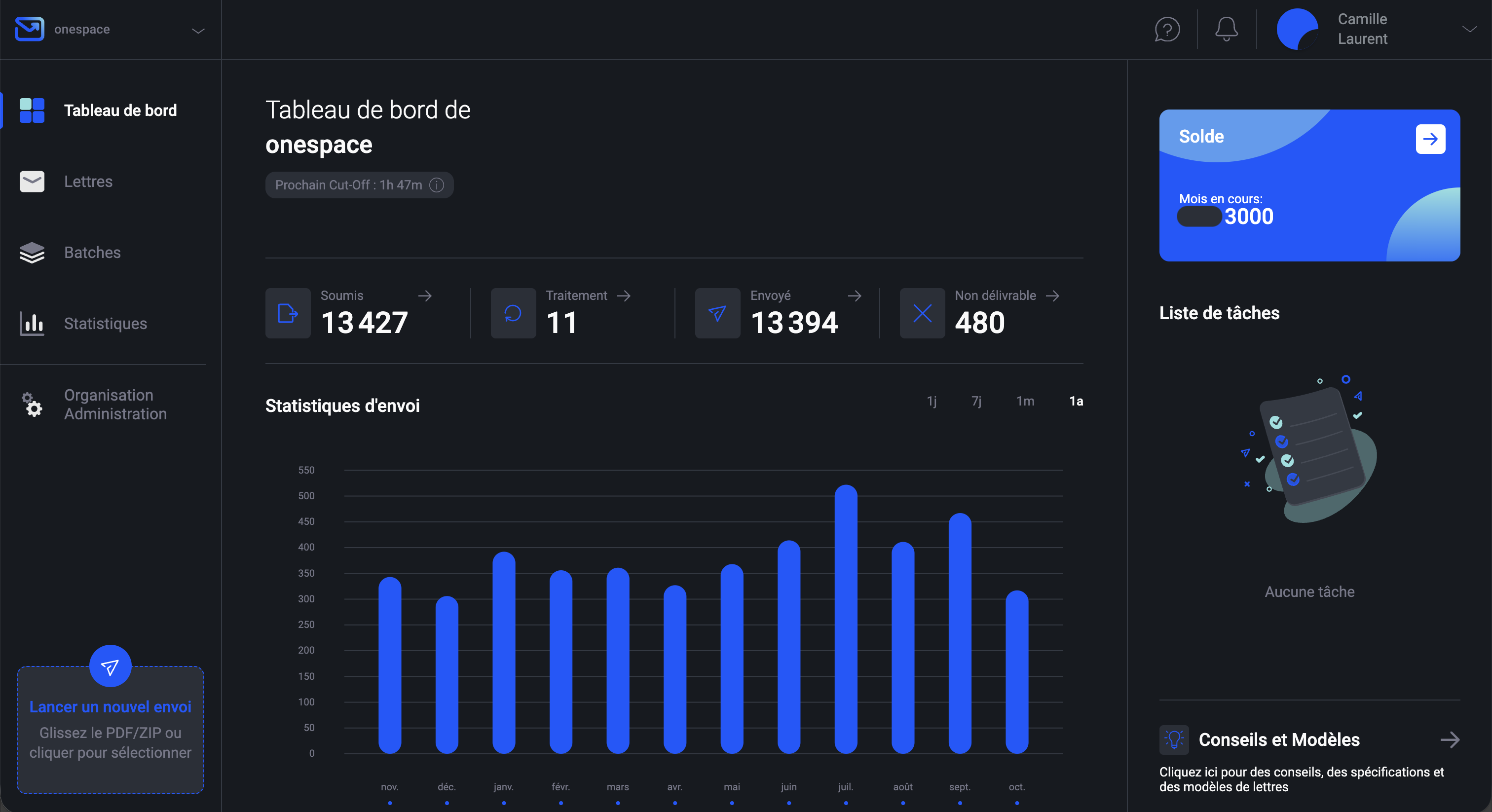 Tableau de bord de l’application Web Pingen : Service postal en ligne