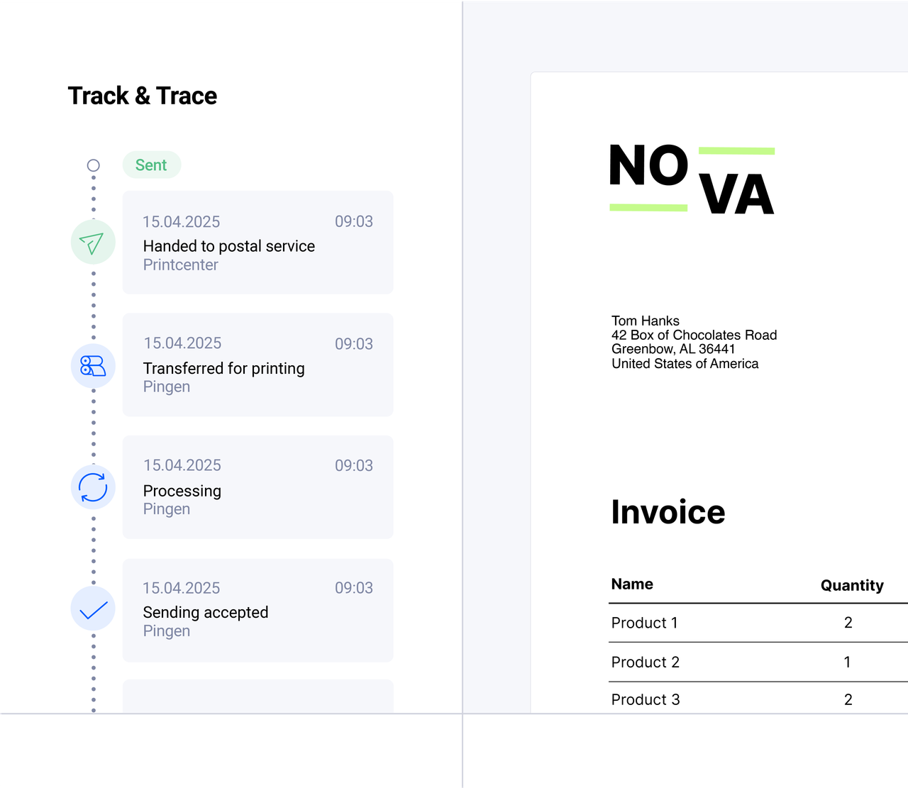 Interface of Pingen displaying real-time letter tracking information for outgoing mail