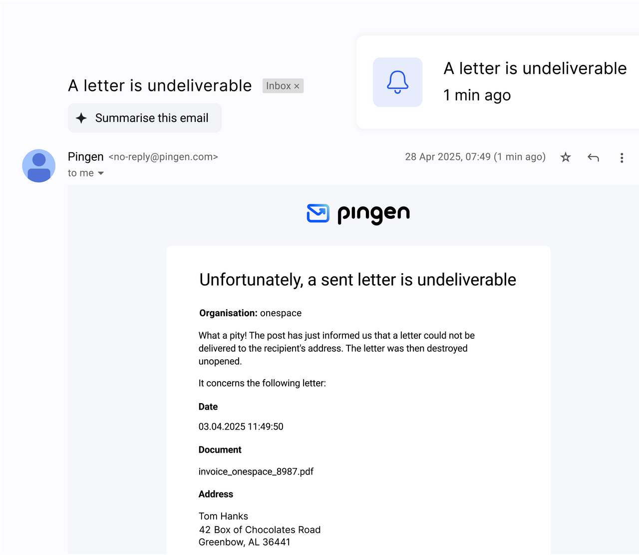 Email notification from Pingen about a returned mail